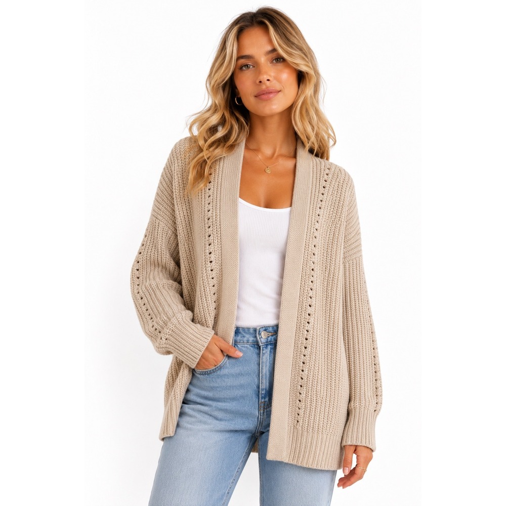 Free People Cardigan Women XS Beige Chunky Knit Pointelle Open Front